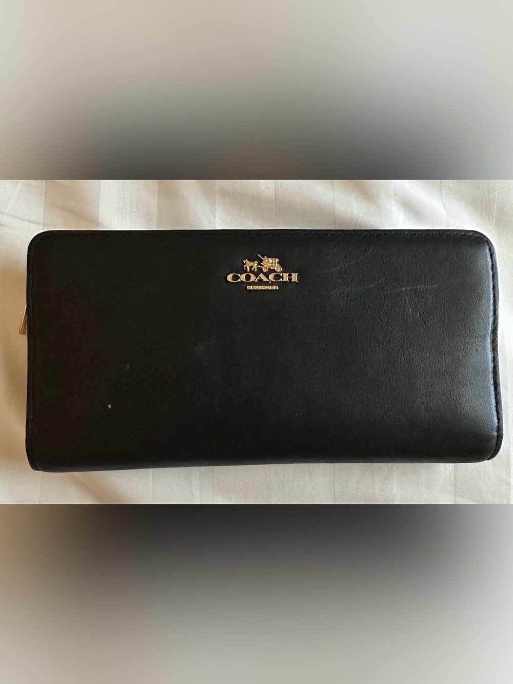 Coach Black Leather Zip-Around Wallet with Gold Logo